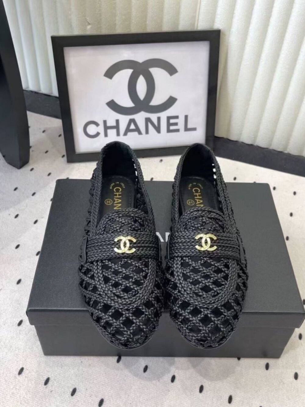 CHANEL Black Woven Interlocking CC Loafers - Picture 1 of 8